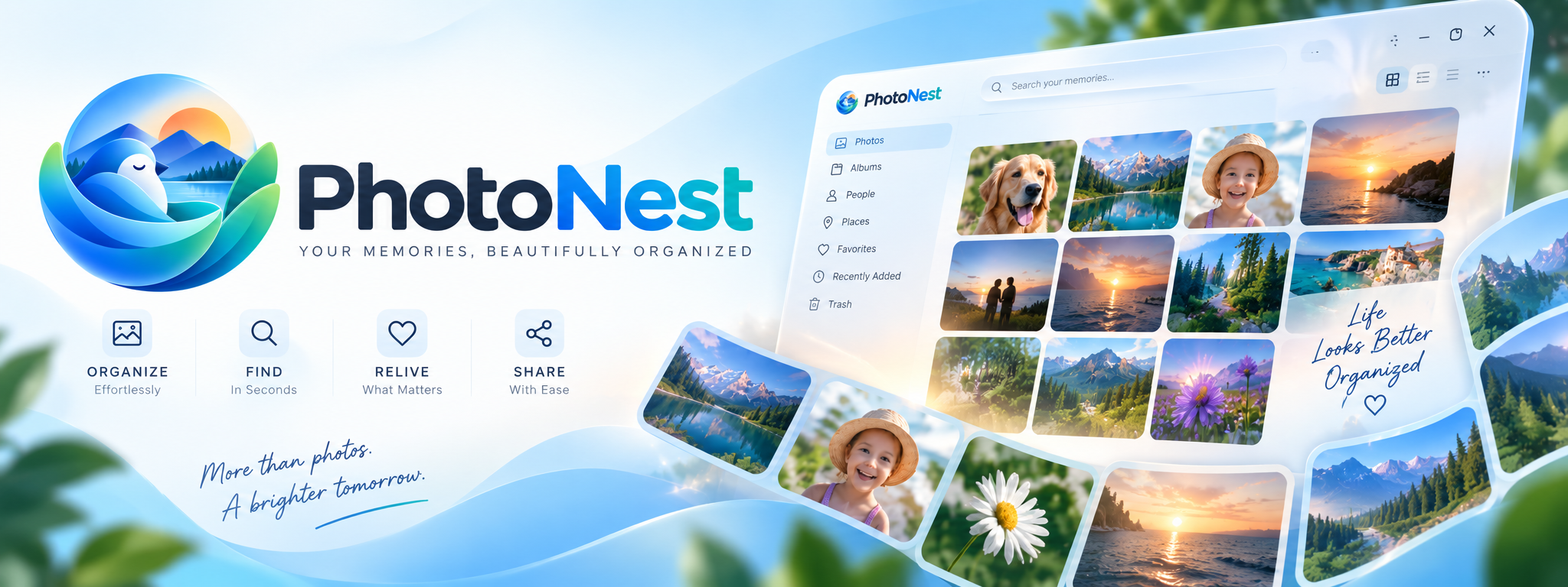 PhotoNest photo organizer interface shown in the supplied wide glass design banner