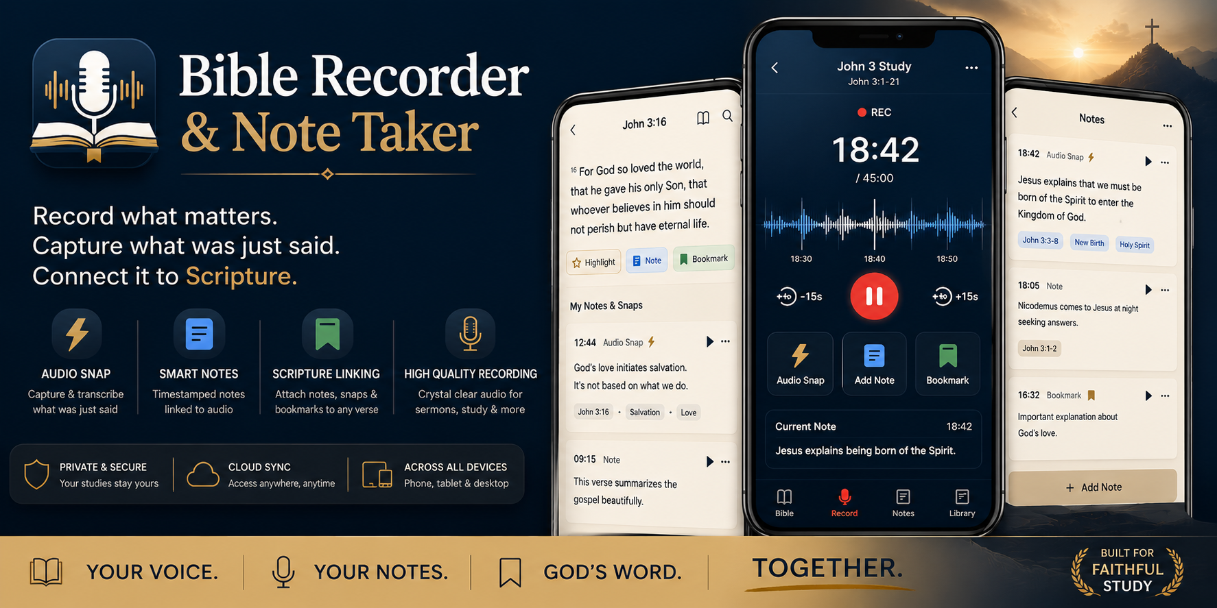 Bible Recorder and Note Taker banner showing a Bible, microphone, and warm study imagery