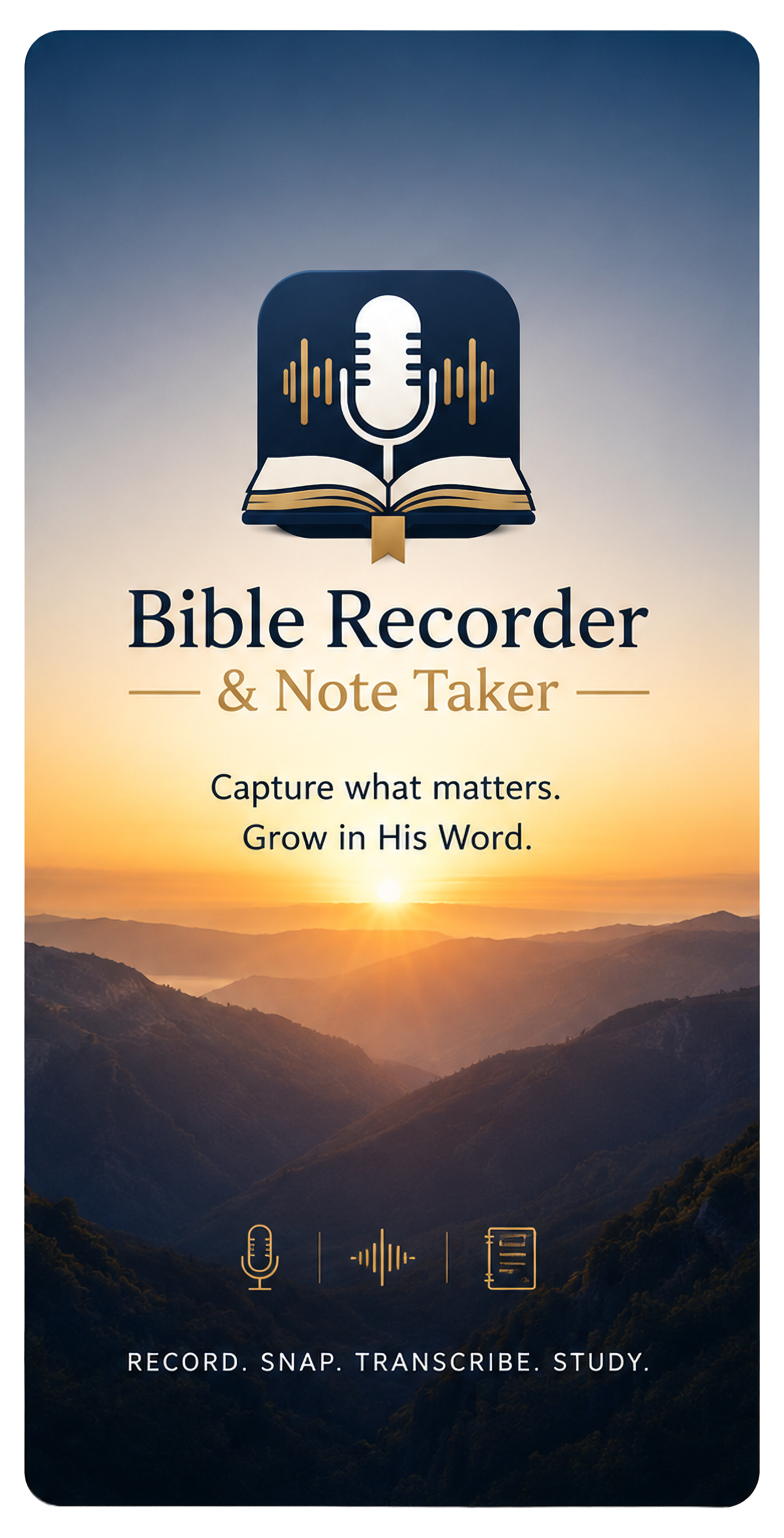 Bible Recorder and Note Taker splash artwork with the microphone, open Bible, and gold accents