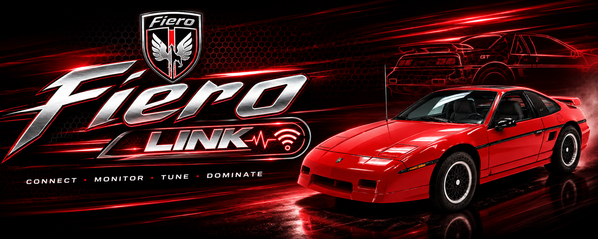 FieroLink GT wide project banner with a red Pontiac Fiero GT