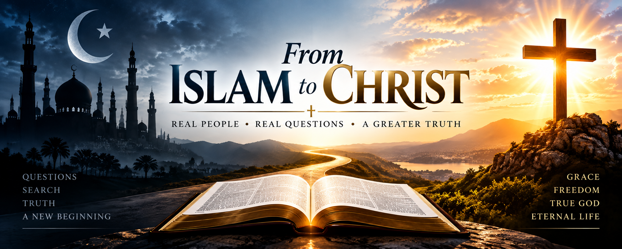 From Islam to Christ banner showing a path from a mosque silhouette toward a cross and open Bible