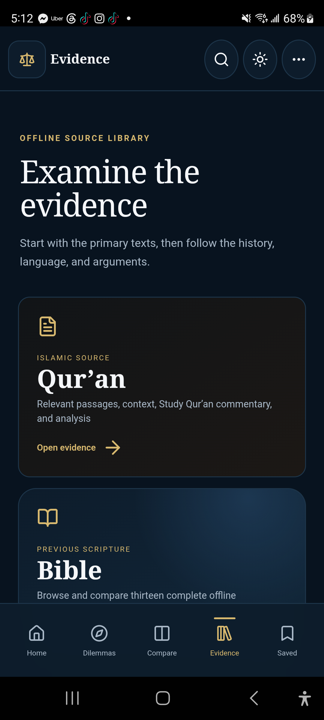 Islamic Dilemma Android app evidence library screen