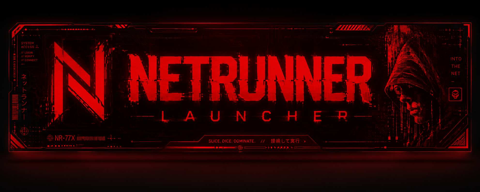 Red and black Netrunner-Launcher cyberpunk terminal banner